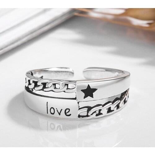 Vintage Fashion Thai Silver Star Alphabet Chain Adjustable Rings For Women Personality Punk Jewelry SAR164