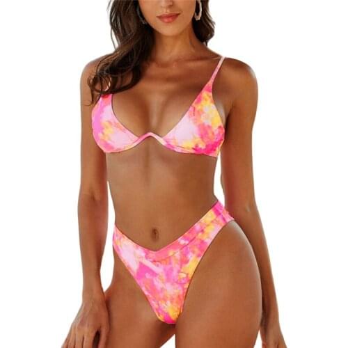Women Swimsuit Lady Gradient Padded Bra High Waist Bikini Bandage Push-up Swimwear Set Tie Dye 2020 Summer Beach Bathing Suit
