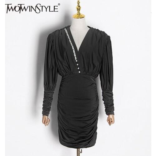 TWOTWINSTYLE Diamond Ruched Dress For Women V Neck Long Sleeve High Waist Slim Mini Dresses Female Fashion Fall Clothes 2020