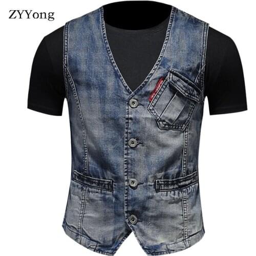 Spring Retro Colorblock Single Breasted Blue Slim Denim Suit Vest Coat Men Waistcoat V Neck Jean Jacket Motorcycle Gilet Homme