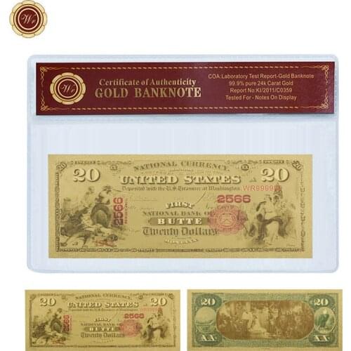 WR American Dollar Money Gold Banknote 20 Dollar 24k 999.9 Gold Foil World Paper Money Art Ornament with PVC Frame for Gifts