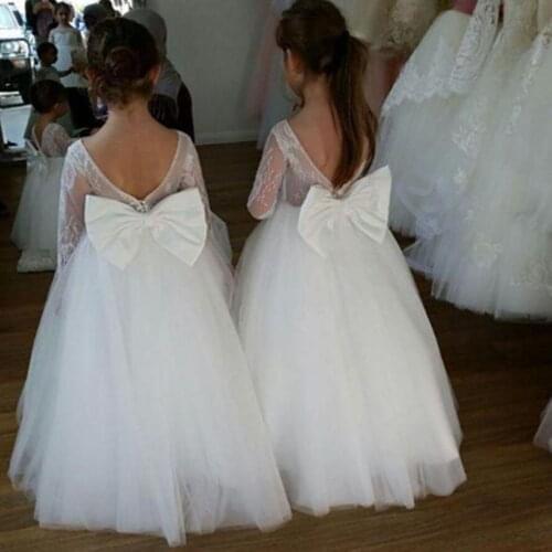White Flower Girl Dresses for Wedding Lace Appliqued O-Neck Backless Tulle Girls Formal Gown First Holy Kids Communion Dresss