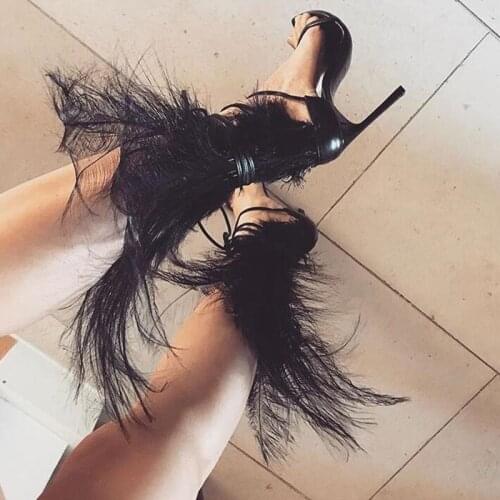 Summer Street Fashion Black Fur Peep toe Gladiator High Heels Sandals Cross Tied Stiletto Pumps Woman Party Escarpin Shoes