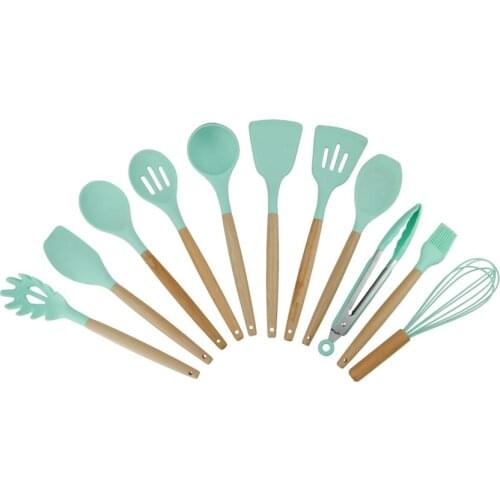 Wooden Handle Silicone Kitchenware Set for Non-stick Pan Kitchen Tool Accessories Spatula Spoon Clip Whisk Brush Ladle