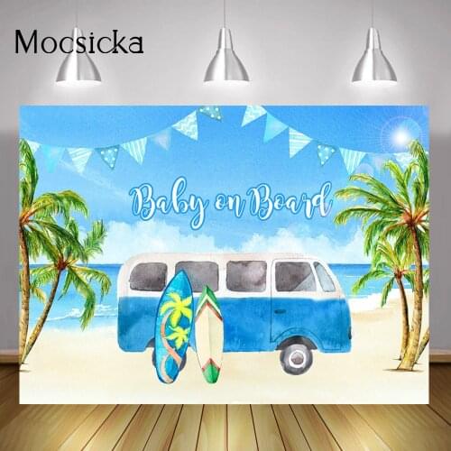 Baby on Board Backdrop Summer Sea Beach Painting Background Newborn Kids Portrait Photography Surfboard Bus Blue Sky Plam Trees
