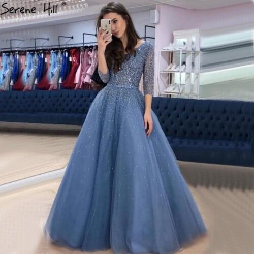 Blue V-neck Sexy Ball Gowns Evening Dresses 2021 Crystal Sparkle Tulle Formal Dress Design Serene Hill LA70481