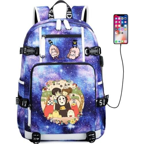 Anime Spirited Away Backpack Casual USB Charging Zipper Canvas School Bag Shoulder Bag Mochila Laptop Bag Travel Bag Rucksack