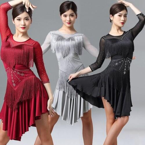 Latin Dance Dress Black Fringe Dress Competition Dance Costume Long Sleeve Wear Rumba Dress Red Performance Latin Dress VDB1251