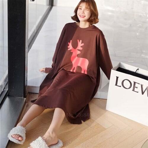 Sweet Cartoon Print Pajamas Oversize Women Autumn Long Sleeve Sleepwear Cute Deer Nightgown Loose Sleepwear Christmas Gift