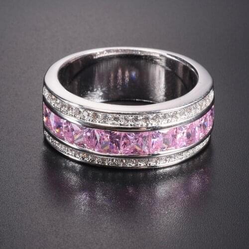 Mens Deluxe 10K white Gold Princess-cut pink diamond Crystal gemstone Band ring Wedding Rings for Men Women jewelry