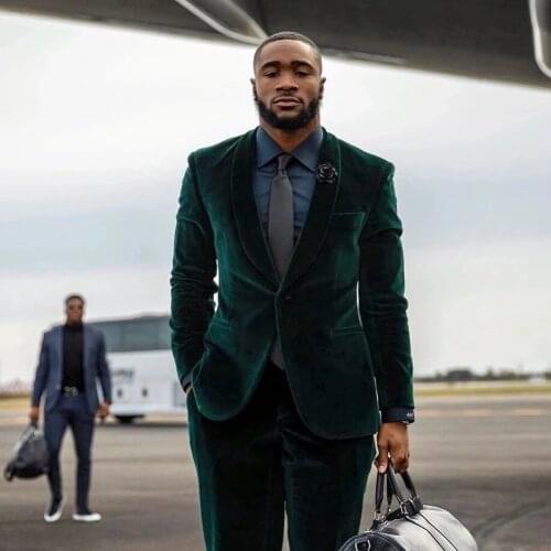 Costume Homme Dark Green Velvet Men Suits Shawl Lapel One Button Groom Prom Blazer Terno Masculino Slim Fit 2 Pcs Jacket+Pant