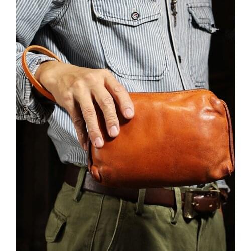 Retro natural real leather mens business clutch bag simple casual outdoor weekend soft leather large capacity mobile phone bag