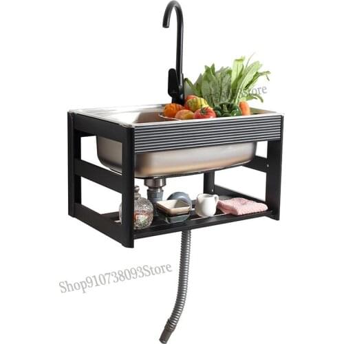 Kitchen Stainless Steel Sink Wall Hanging Single Trough Simple Vegetable Basin Bowl Sink Sink Single Basin With Support Frame