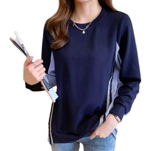 Autumn Women Fashion Striped shirt patchwork Contrast Color O-Neck Long Sleeve pullover plus size loose casual Sweatshirts