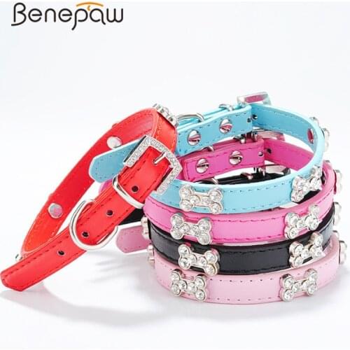 Benepaw Bone Jeweled Small Dog Collar 5 Colors Leather Pet Puppy Collar Pets Accessories Dogs Red/Black/Blue/Red Rose Red