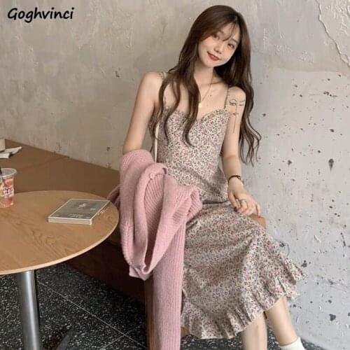 Dress Women Mid-calf Korean Sweet Fresh Sleeveless Summer Fairy Trendy Flounced Edge Holiday Females All-match Floral Elegant