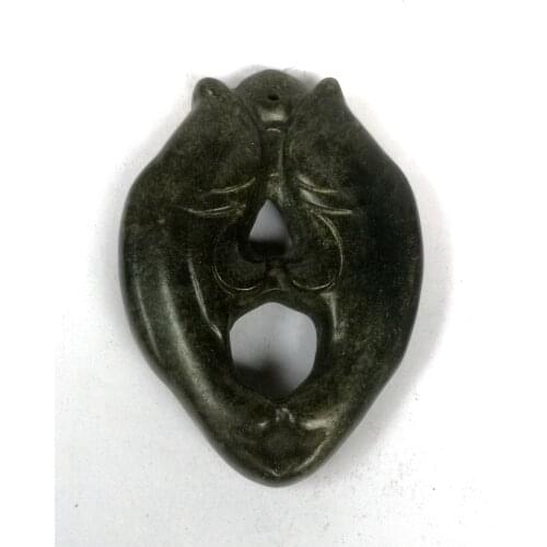 YIZHU CULTUER ART Collection Chinese Hongshan Culture Black Magnet Jade Hand-made Fish Pendant