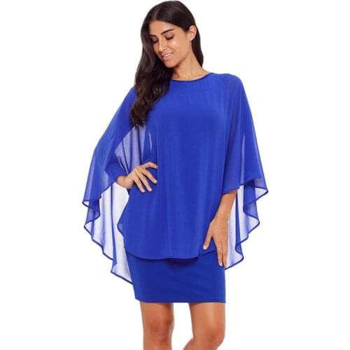 Plus Size Chiffon Dress Women Casual Fashion Fake Two Pieces Batwing Sleeve O-neck Elegant Cape Dress