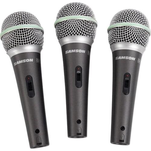 SAMSON Q6 3-Pack Dynamic Vocal Hypercardioid Handheld Microphones+Mic Clips+Foam Case for professional live and studio