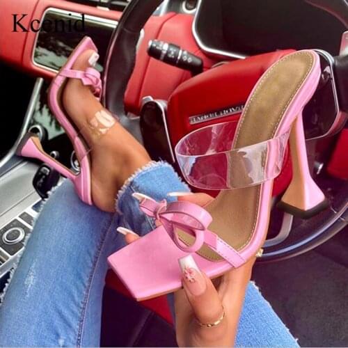 Kcenid Square toe ladies slippers transparent PVC high heels fashion bow-knot slides sandals woman dress party shoes women pumps