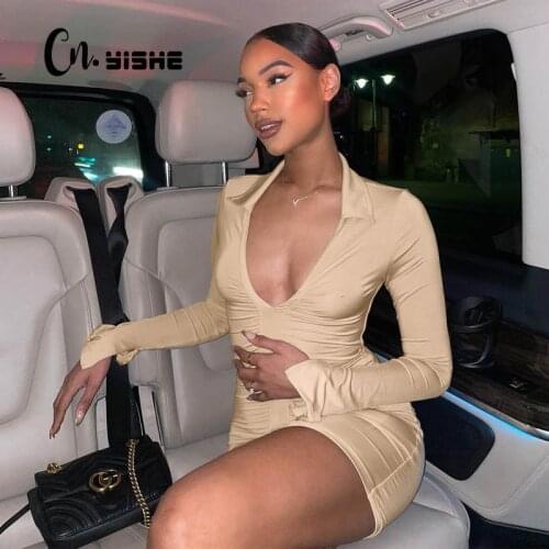 CNYISHE Ruched V-cut Turn-down Collar Tight Dress Long Sleeve Sexy Midnight Clubwear Women Mini Dresses Birthday Outfit Vestidos