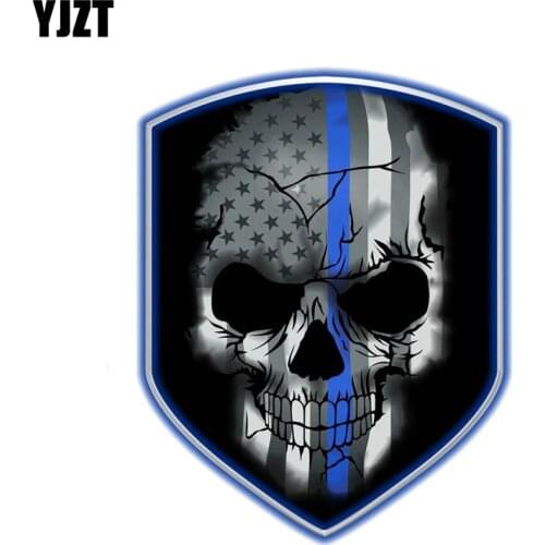 YJZT 10.2CM*13CM Personality Reflective Decal Blue Line Skull Shield Decal Skull Car Sticker PVC 6-0403