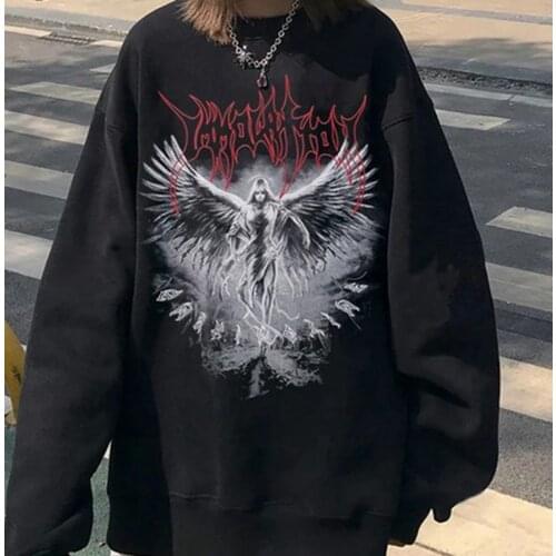 Punk Style Angel Wings Rock Sweatshirt Harajuku Dark Black Aesthetic Couple Gothic GIrl Large Size Streetwear Stretchy Hoodie