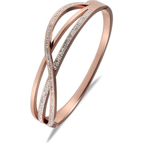 TJP New Arrival Hot 316 Stainless Steel Rose Gold Crystals Spring Bangle Bracelets Nickel Free Jewelry for Women Lover Gift