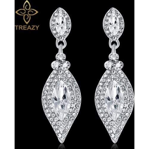 TREAZY Charm Leaf Shape Wedding Long Earrings for Women Silver Color Crystal Bridal Dangle Earrings Femme Wedding Jewelry Gifts