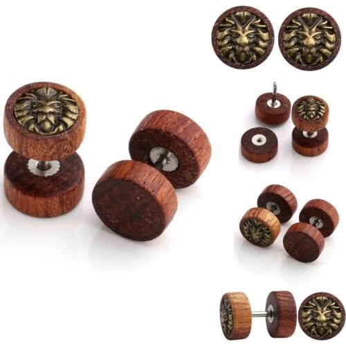 JOVIVI Sono Wood Lion Head Cheater Fake Ear Plugs Gauges 10mm Illusion Screw Stud Earrings Double Side Barbell Earrings Jewelry