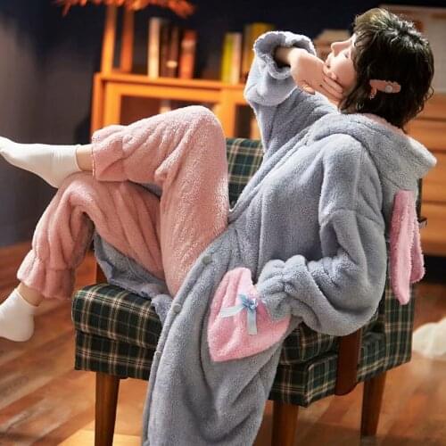 Intensification Winter Pajamas Loose Version Hooded Coral Fleece Pyjamas Women Sleepwear Medium Style Plus Size Flannel Nighty