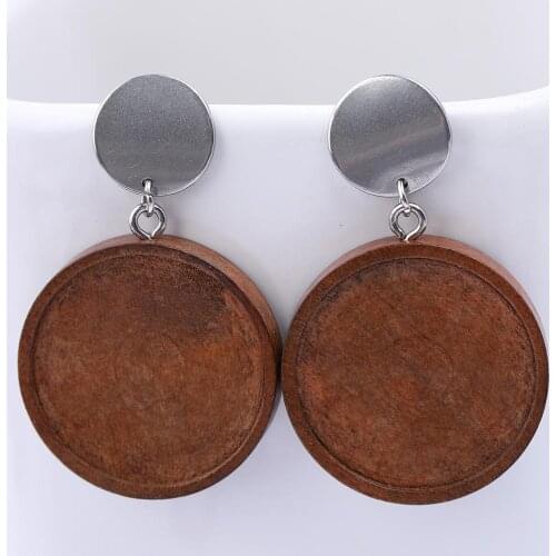 6pcs 25mm Wood Cabochon Earring Base Stainless Steel Post Earring Findings Connector Diy Bezel Blanks For Jewelry Supplies