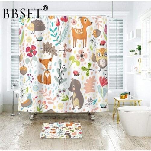 Cartoon Animals Shower Curtain Funny Plants and Forest Animals Pattern Waterproof Multi-size Douchegordijn Kids Bathroom Decor