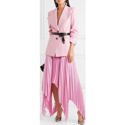2019 High Street Pink Asymmetrical Long Satin Skirts Summer Pleated Fashion Female Skirt Zipper Custom Made Saias