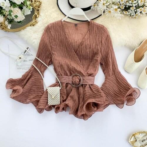 Autumn New Shirt Womens V Neck Long Flare Sleeve Chiffon Blouse Solid Color Fashion Tops J449