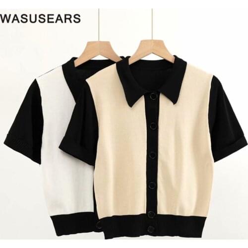 Women vintage t shirt casual short sleeve crop top knitted button up shirt harajuku turn down collar patchwork top korean sexy