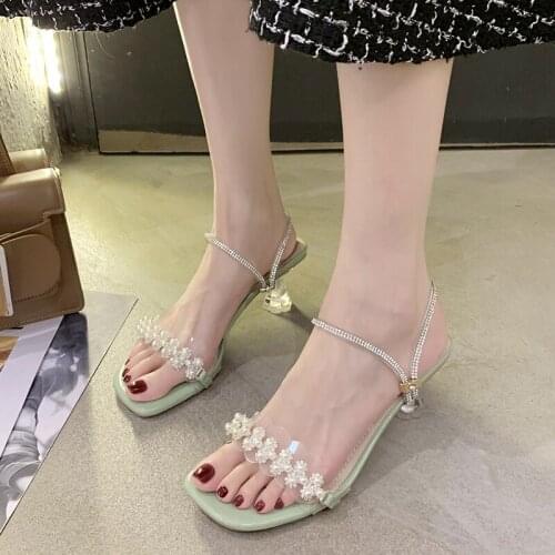 Dropshipping Woman Elegant Outdoor Clear Heel Slides 2020 Crystal Pearl PVC Slippers Women Summer Open Toe High Heels Sandals