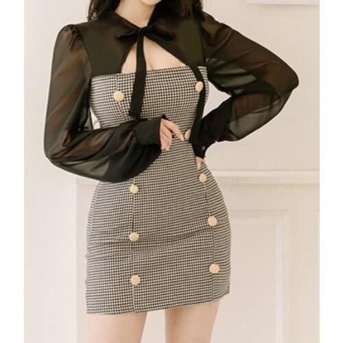 New arrival fashion korean spring mini dress women OL temperament laceup houndstooth double-breasted chiffon slim pencil dress