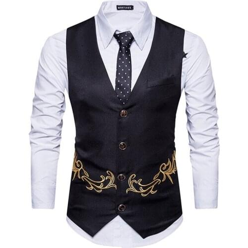 Mens Suit Vest V Neck Embroidery Solid Cotton Blended Single-Breasted Slim Fit For Men Sleeveless Formal Casual Waistcoat