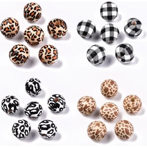 10-20pcs Printed Natural Wooden Beads Leopard Print Black White Plaid Wood Beads for Handmade Bracelet DIY Craft Decor Mix Sizes