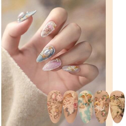 10Pcs Lovely Angel Nail Foil Transfer Starry Sky Paper Flower Nail Art Stickers Mixed Design Decals Sliders Wraps Decorations