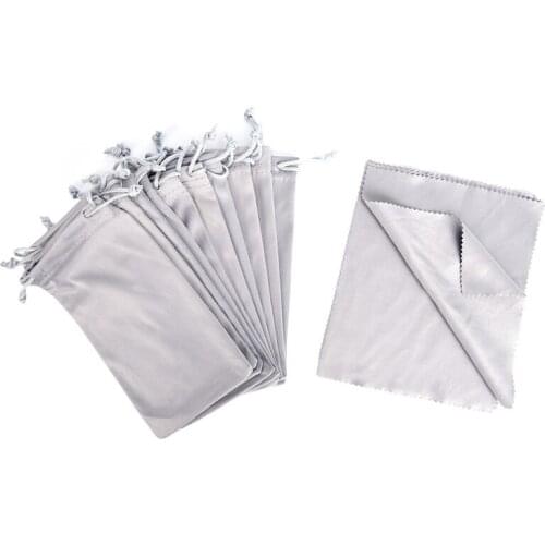 2Pcs/Set Grey Eyeglasses Sunglasses Pouch Carry Bag With Protection Soft Fiber Wipe Cloth