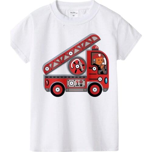 2021 New Summer Baby Boys Girls Fireman Clothes Short Sleeve O-neck T Shirt Pure Fire Truck T-shirt Brand Tee Tops Unisex
