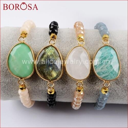 BOROSA 5PCS New Gold Color Labradorite White Quartz Amazonite Stone Faceted Bracelet 6mm Glass Crystal Beads Bracelets G1457