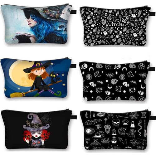 Witch and Black Cat Print Cosmetic Case Witchcraft Women Make Up Bags Ladies Storage Bag for Travel Girls Makeup Bags Organizers