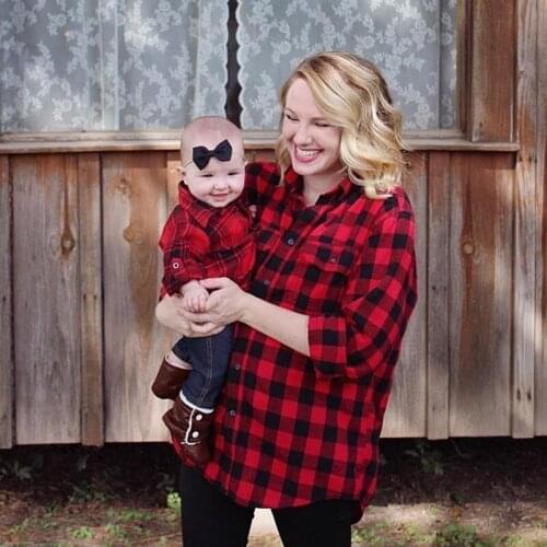 Mommy And Me Plaid Blouse Outwear Family Matching Clothes Cotton Children Jackets Baby Girls T-shirt Outfits Fashion Family Look