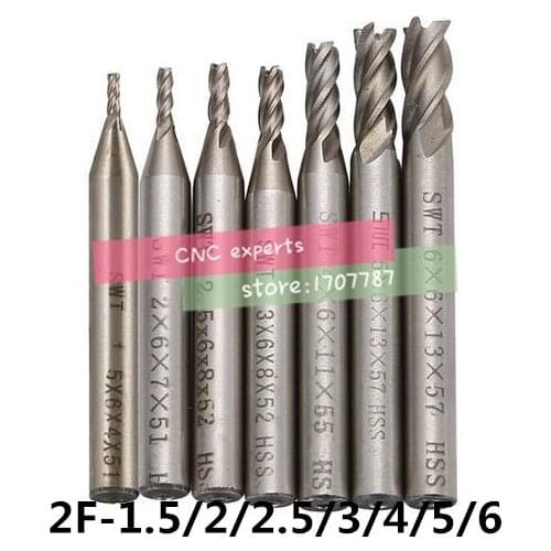 7Pcs End Mill HSS 2 Flutes 1.5mm-6mm Diameter Milling Cutter Straight Shank Router Bit Set CNC Tools