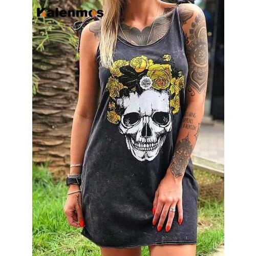 KALENMOS 2020 Summer Women Tank Top Punk Gothic Hip Pop Rose Floral Skull Print Sleeveless Tees Vest Cami Loose Tops Plus Size