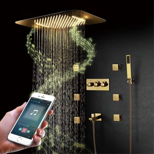 Ti -PVD Gold Music Shower Systems Rain LED Shower Head Tap Waterfall Bathroom Faucet Hot and Cold Concealed Mixer Shower Speaker