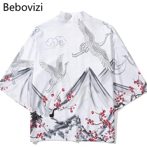 Bebovizi Japanese Style Cardigan Kimono Chinese Harajuku Women Men Yukata Streetwear White Crane Traditional Robe Tops Obi